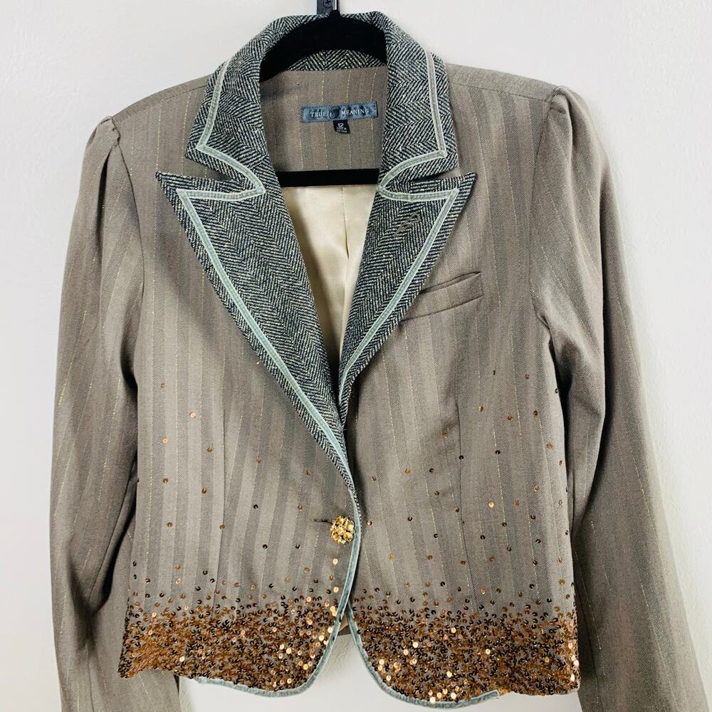 Vintage True Meaning Blazer Sequin Pinstripe Tweed Trim Jacket Size 12 Jewels - Picture 4 of 10